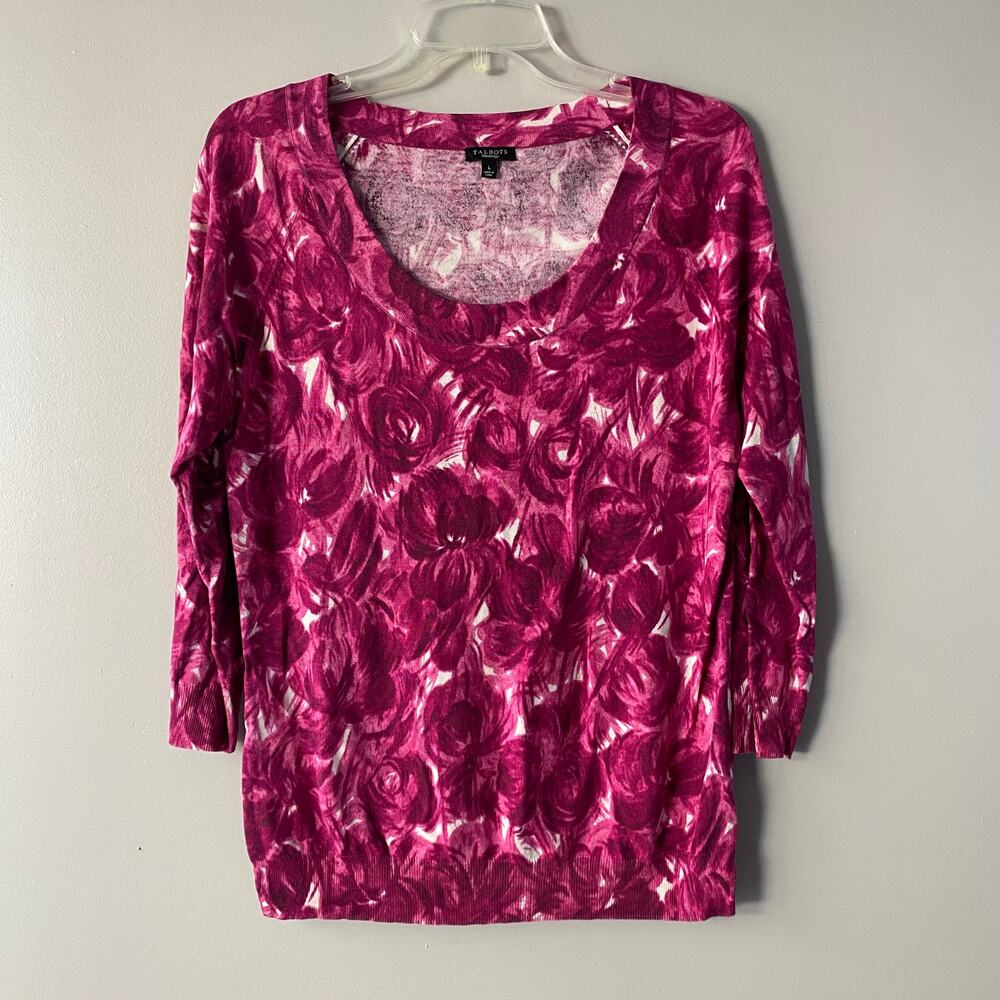 Talbots fuchsia and white design knit lightweight sweater Large
